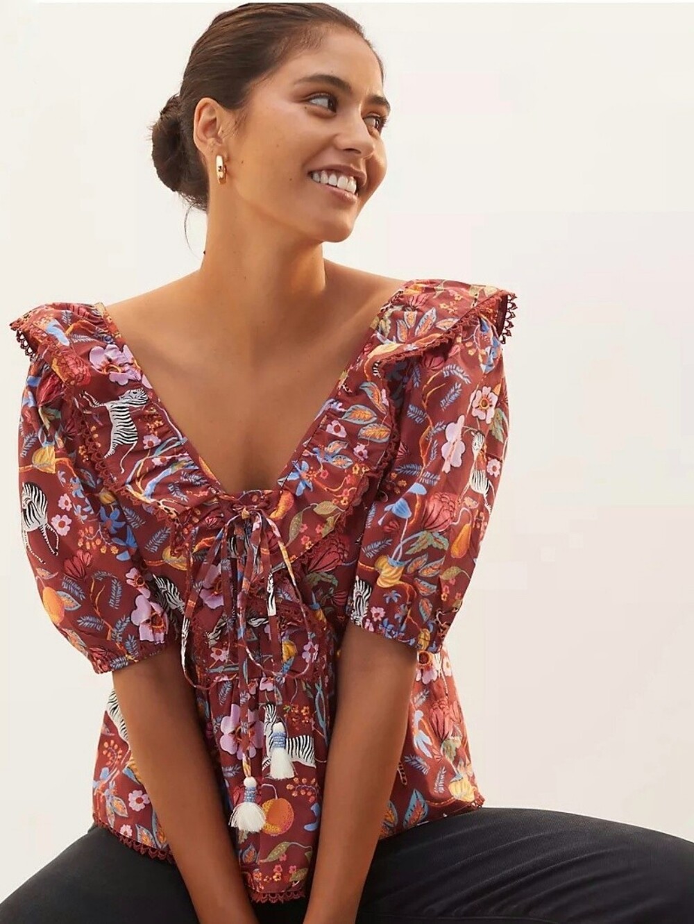 Anthro Maeve Ruffle Blouse Rust Red Safari Print Leopard Flower Wmn's Size S